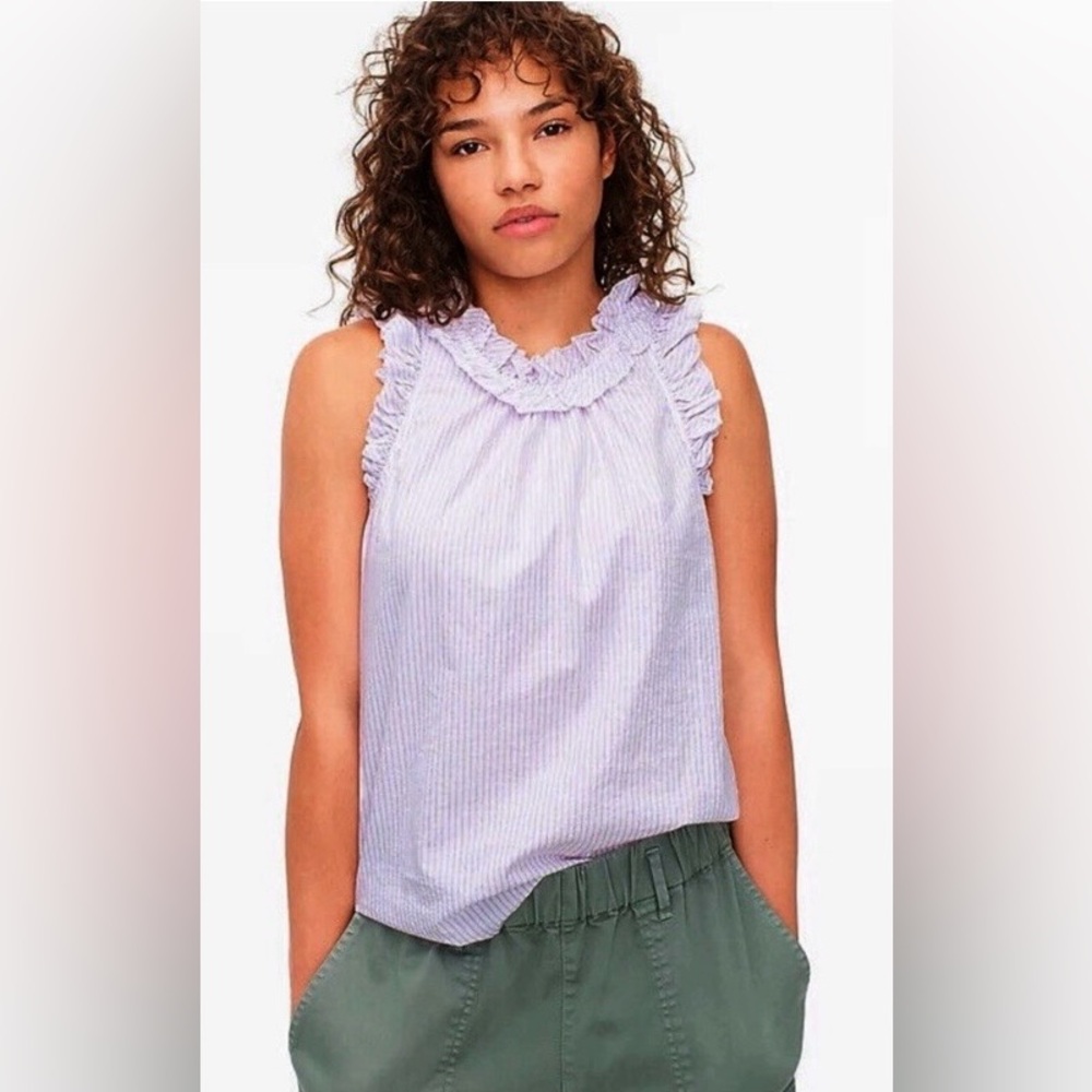 J.CREW NWT Women’s Purple Stripe Sleeveless  Cotton Ruffle Trim Top Size Mediim